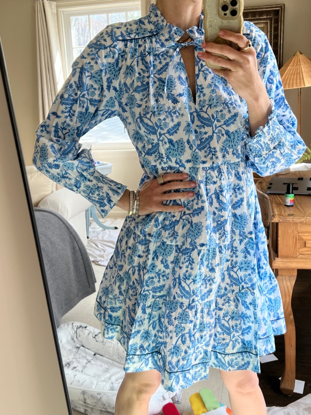 PINK CITY PRINTS Puff long sleeved mini dress Riviera Blue Med